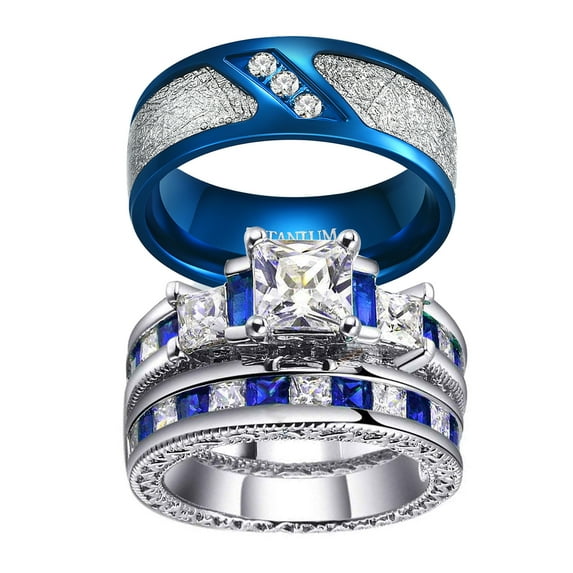 3pc Couples Rings Wedding Ring Sets 10kt White Gold Plated Blue Square Cz Titanium band