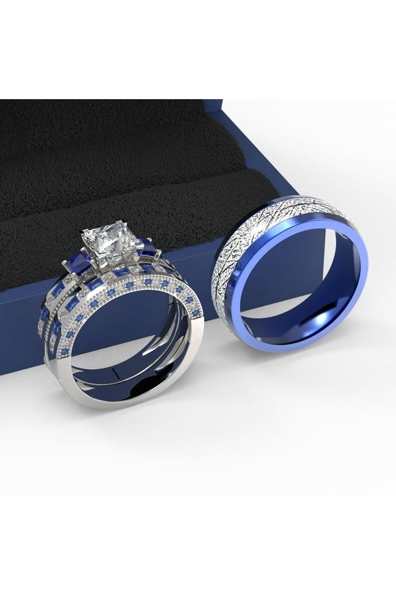 3pc Couples Wedding Ring Sets His And Hers Women Sterling Silve Round Moissanite and men Wedding Bands Together With The Ring Box