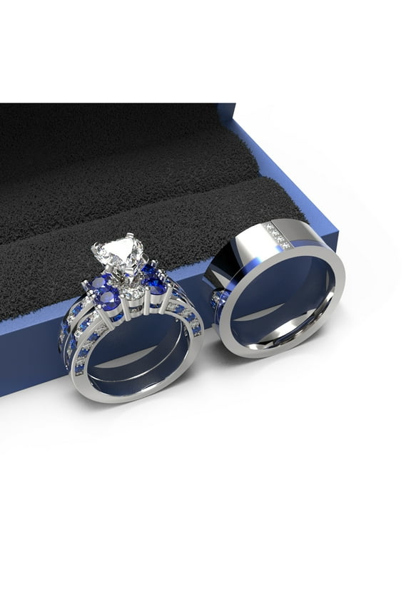 3pc Couples Wedding Ring Sets His And Hers Women Sterling Silve Round Moissanite and men Wedding Bands Together With The Ring Box