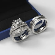 RINGHEART 3pc Couples Wedding Ring Sets His And Hers Women Sterling Silve Round Moissanite and men Wedding Bands Together With The Ring Box