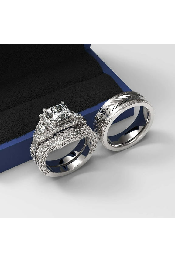 3pc Couples Wedding Ring Sets His And Hers Women Sterling Silve Round Moissanite and men Wedding Bands Together With The Ring Box