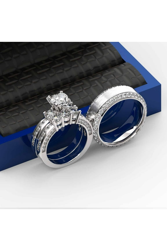 3pc Couples Wedding Ring Sets His And Hers Women Sterling Silve and men Wedding Bands