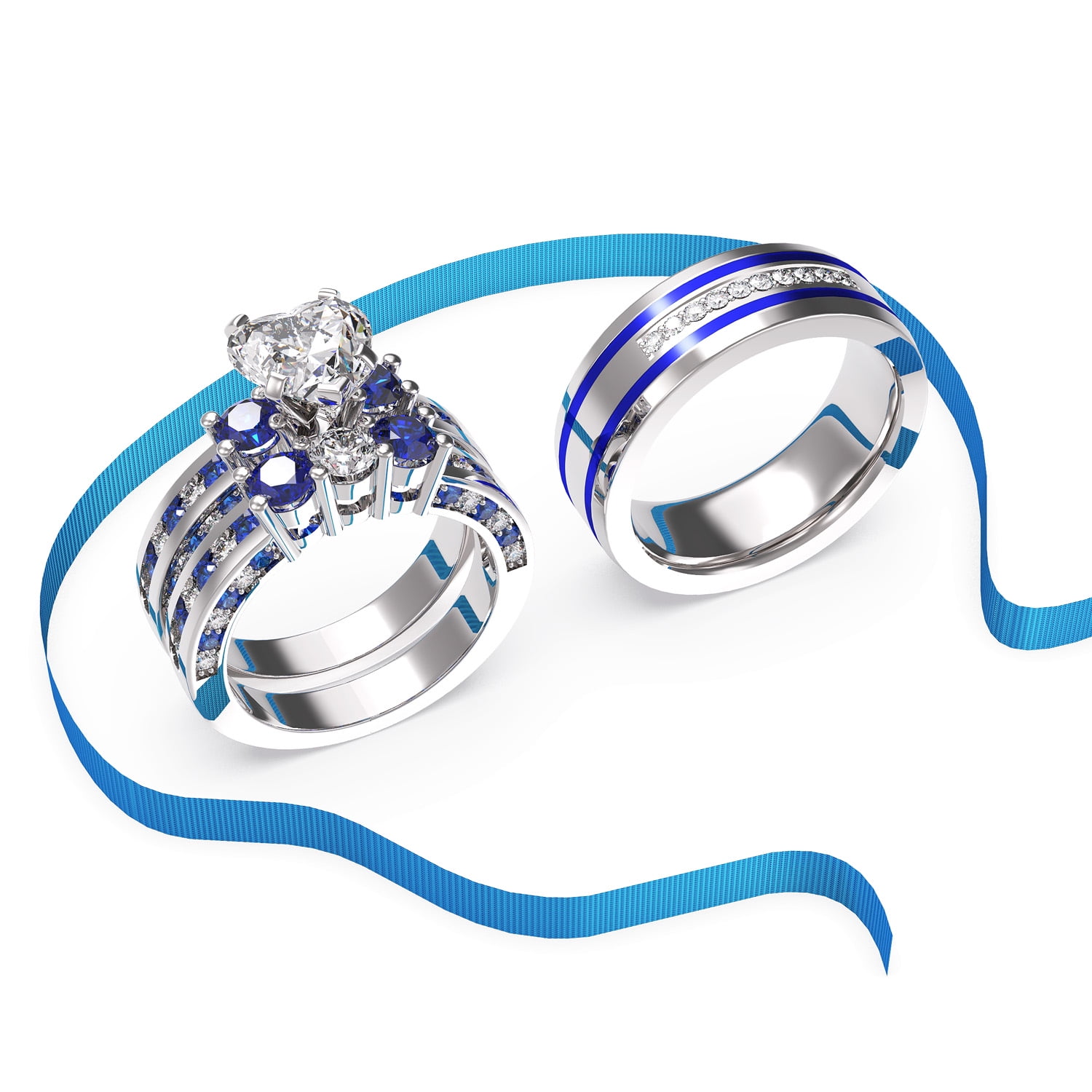 3pc Couples Wedding Ring Sets His And Hers Women Sterling Silver Blue Moissanite and men Wedding Bands Together With Ring Gift Jewelry Box