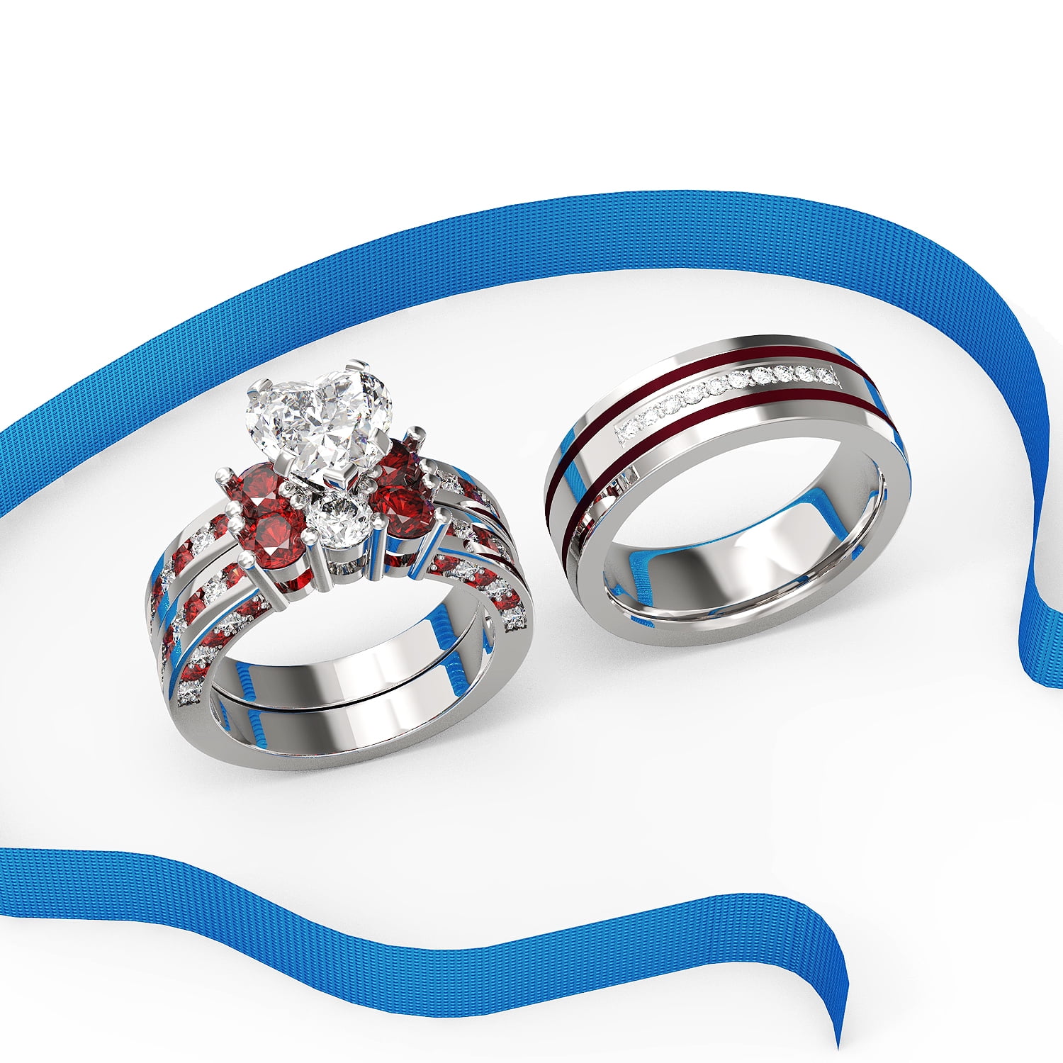 3pc Couples Wedding Ring Sets His And Hers Women Sterling Silver Blue Moissanite and men Wedding Bands Together With Ring Gift Jewelry Box
