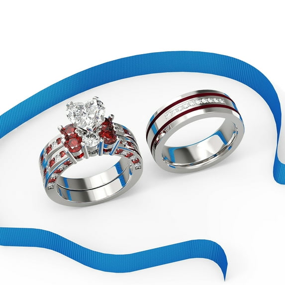 3pc Couples Wedding Ring Sets His And Hers Women Sterling Silver Blue Moissanite and men Wedding Bands Together With Ring Gift Jewelry Box