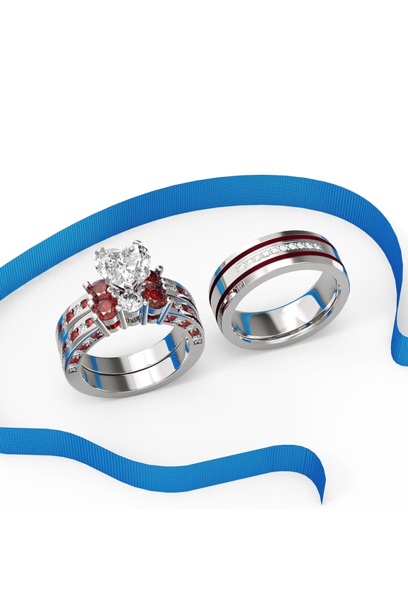 3pc Couples Wedding Ring Sets His And Hers Women Sterling Silver Blue Moissanite and men Wedding Bands Together With Ring Gift Jewelry Box