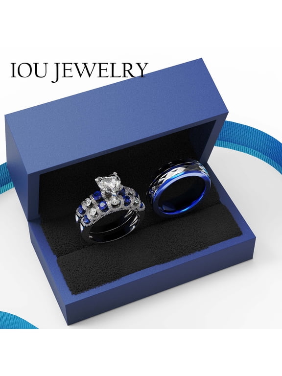 3pc Couples Wedding Ring Sets His And Hers Women Sterling Silver Blue Moissanite and men Wedding Bands Together With Ring Gift Jewelry Box