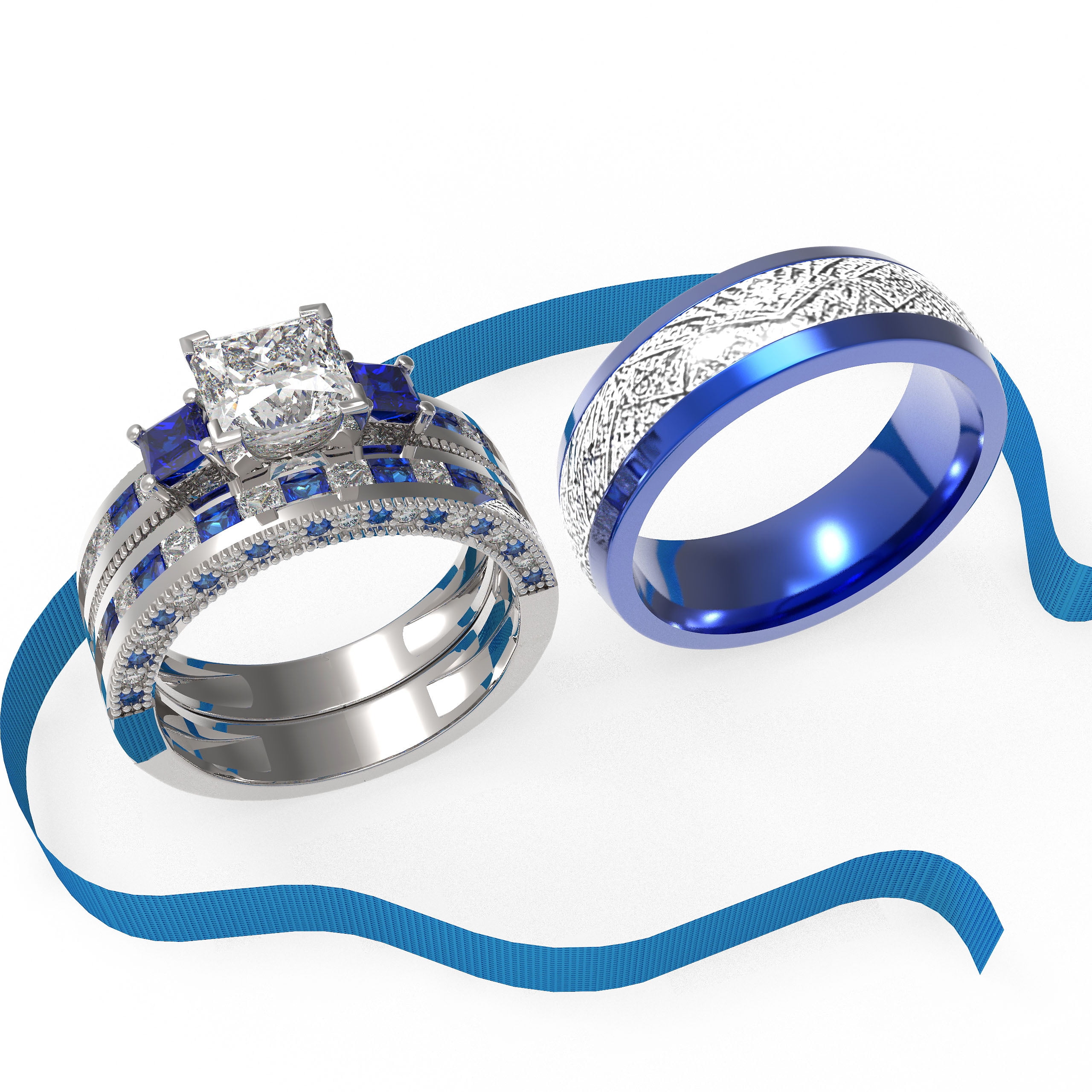 3pc Couples Wedding Ring Sets His And Hers Women Sterling Silver Blue Moissanite and men Wedding Bands Together With Ring Gift Jewelry Box