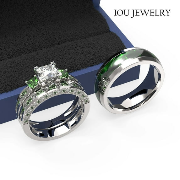 3pc Couples Wedding Ring Sets His And Hers Women Sterling Silver Green Moissanite and men Wedding Bands Together With Ring Gift Jewelry Box
