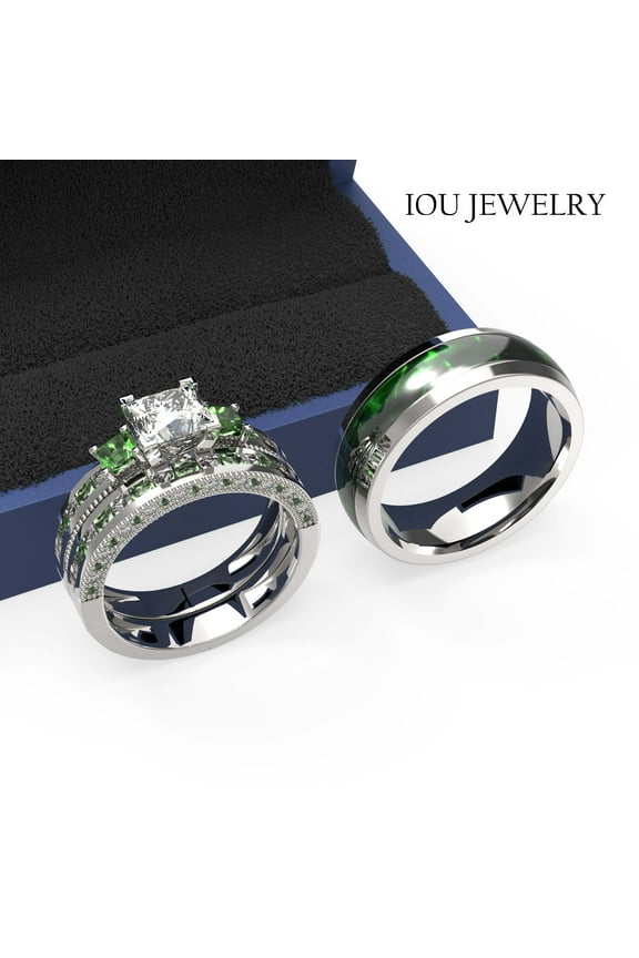 3pc Couples Wedding Ring Sets His And Hers Women Sterling Silver Green Moissanite and men Wedding Bands Together With Ring Gift Jewelry Box