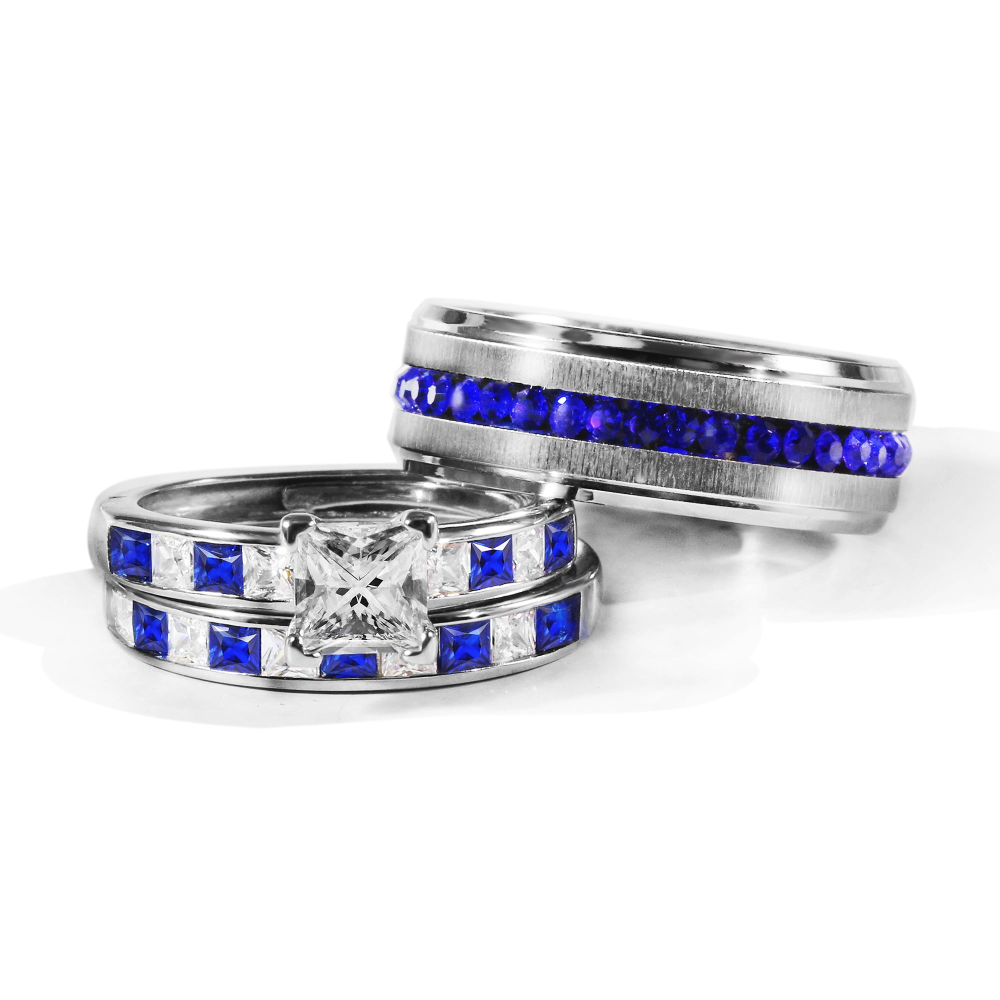 3pc Couples Women Diamond Sterling Silver Blue Sapphire Cz Man Titanium 3pc Couples Women Diamond Sterling Silver Blue Sapphire Cz Man Titanium