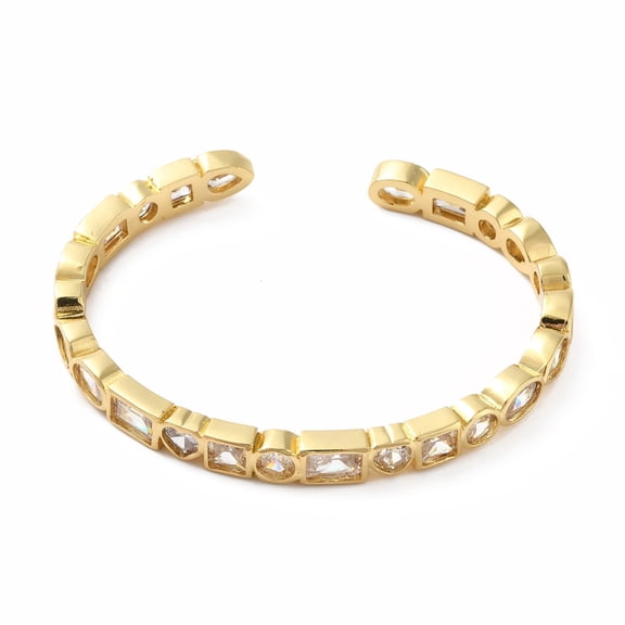3pc Cubic Zirconia Rectangle & Heart Wrap Open Cuff Bangle Real 18K Gold Plated Brass Jewelry for Women Lead Free & Cadmium Free Clear Inner Diameter: 2-1/4 inch(5.7cm)