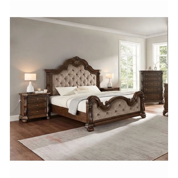 3pc Dark Cherry Wood Formal Traditional Bedroom Set, Eastern King Bed with Nightstand and Chest