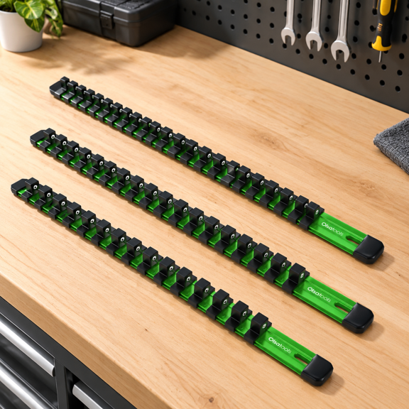 3pc Drive Socket Holder Rail Green Aluminum 58 Clips