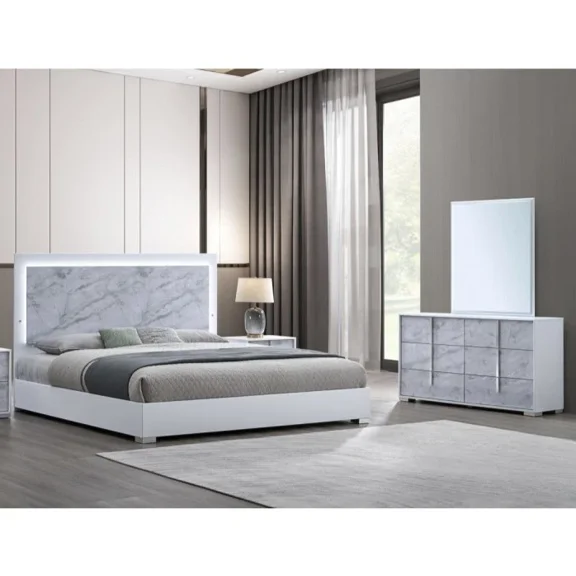 3pc Eastern King Modern Lacquer Bedroom Set LED Bed, Dresser & Mirror, White/Silver