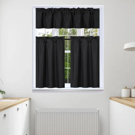 3pc Faux Silk Kitchen Curtain Blackout Lined Solid Color Rod Pocket Short Window Set 2 30"x24"(each) Tier Panel + 1 60"x14" Matching Valance K4 Black