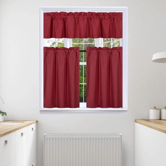 Gorgeous Home Linen 3-Piece Faux Silk Blackout Kitchen Curtain Set, Burgundy K4