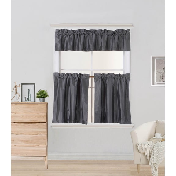 3pc Faux Silk Kitchen Curtain Blackout Lined Solid Color Rod Pocket Short Window Set 2 30"x24"(each) Tier Panel + 1 60"x14" Matching Valance K4 Charcoal Grey