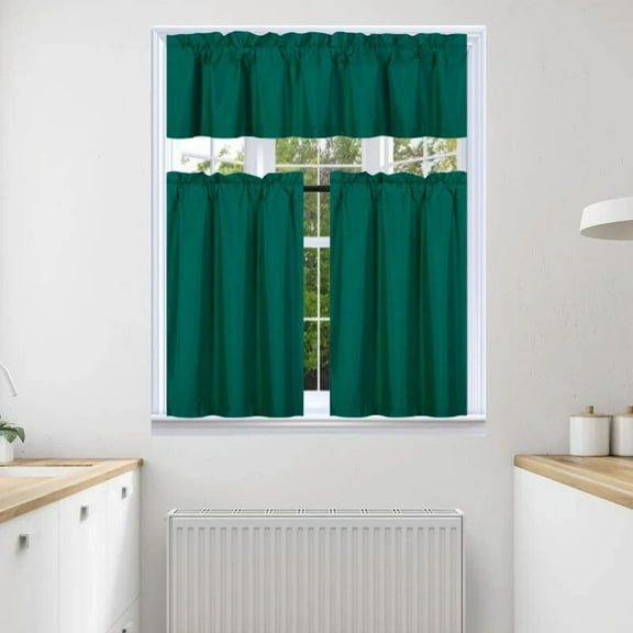 3pc Faux Silk Kitchen Curtain Blackout Lined Solid Color Rod Pocket Short Window Set 2 30"x24"(each) Tier Panel + 1 60"x14" Matching Valance K4 Hunter Green