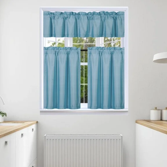 3pc Faux Silk Kitchen Curtain Blackout Lined Solid Color Rod Pocket Short Window Set 2 30"x24"(each) Tier Panel + 1 60"x14" Matching Valance K4 Light Blue
