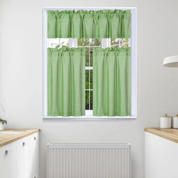 3pc Faux Silk Kitchen Curtain Blackout Lined Solid Color Rod Pocket Short Window Set 2 30"x24"(each) Tier Panel + 1 60"x14" Matching Valance K4 Lime Green