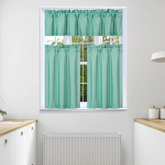 3pc Faux Silk Kitchen Curtain Blackout Lined Solid Color Rod Pocket Short Window Set 2 30"x24"(each) Tier Panel + 1 60"x14" Matching Valance K4 Mint Green