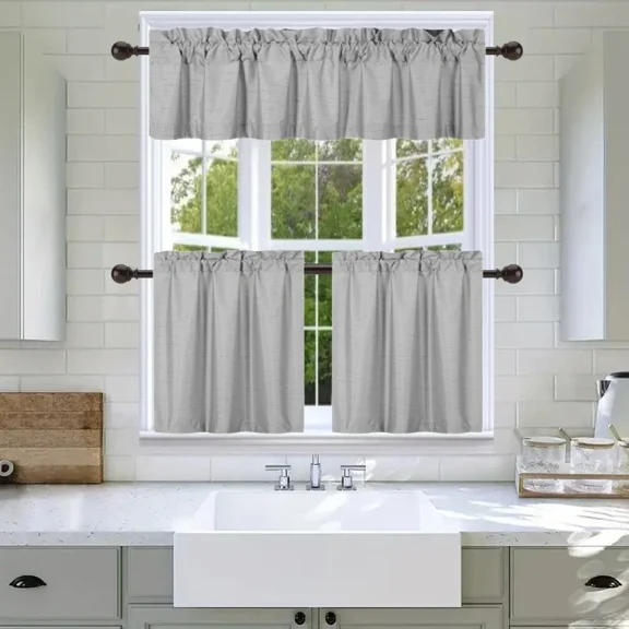 Gorgeous Home Linen 3-Piece Faux Silk Blackout Kitchen Curtain Set, Silver K4