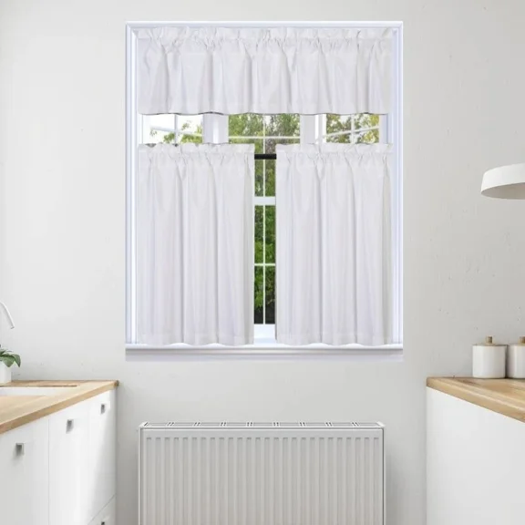 3pc Faux Silk Kitchen Curtain Blackout Lined Solid Color Rod Pocket Short Window Set 2 30"x24"(each) Tier Panel + 1 60"x14" Matching Valance K4 White