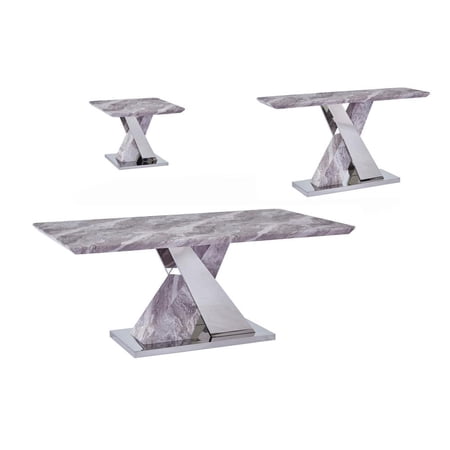 3pc Faux White Marble Coffee Set with Silver Stainless Steel Base