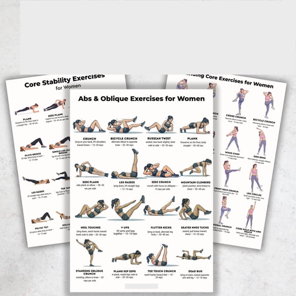 3pc Female Standing Core Abdominal Muscle Oblique Exercise Set Poster Standing Core Abdominal Muscle Exercise Poster No Equipment Home Gym Poster