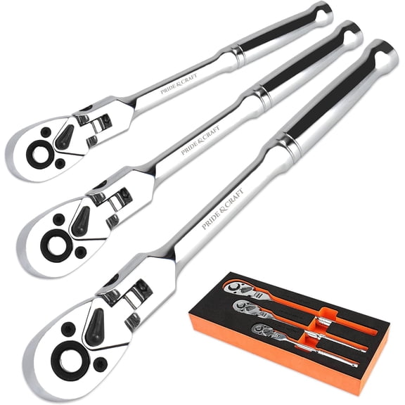 3pc Flex Head Ratchet Wrench Set, 1/4", 3/8", 1/2" Drive, 72-Tooth, Socket Wrench Quick Release Reversible Design, Chrome Alloy Made, EVA Organizer