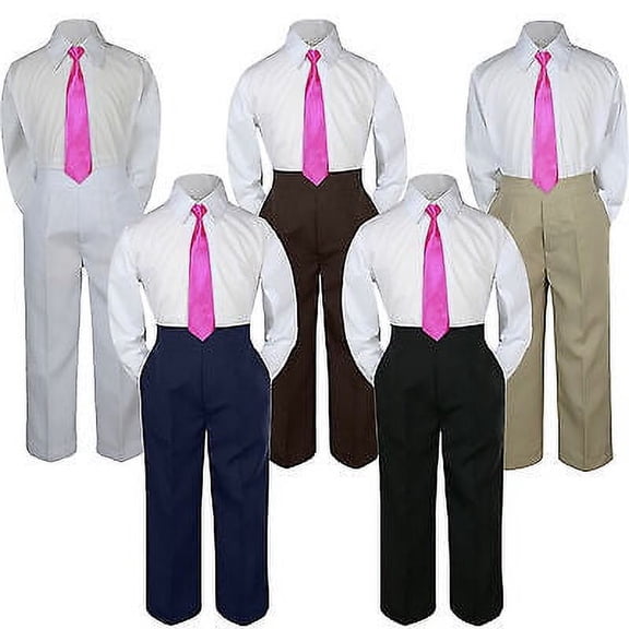 3pc Fuchsia Hot Pink Tie  Suit Shirt Pants Set Baby Boy Toddler Kid Uniform S-7