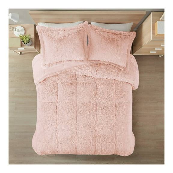 3pc Full/Queen Leena Shaggy Long Faux Fur Comforter Mini Set Blush: Hypoallergenic, Reversible Bedding Set