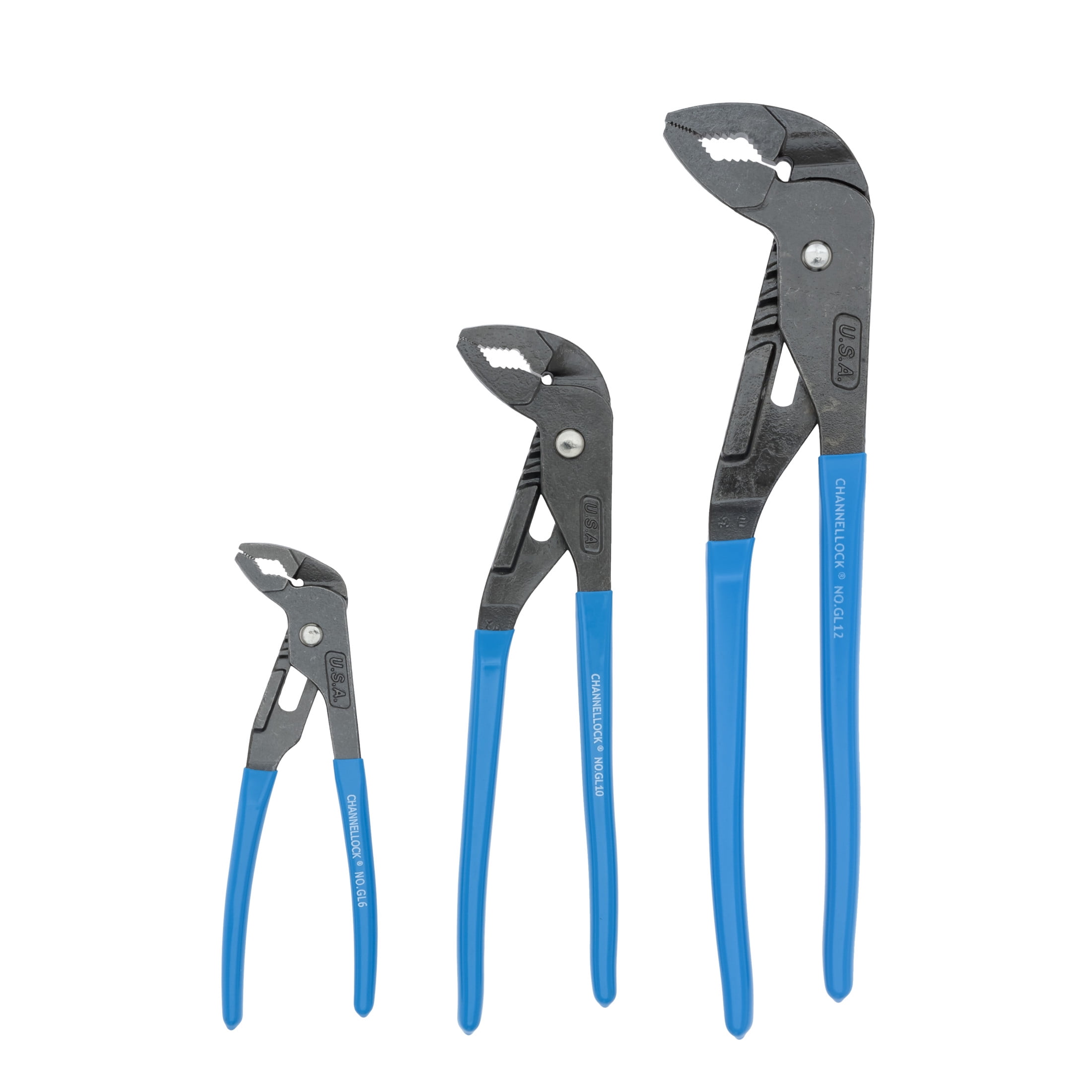 CHANNELLOCK GRIPLOCK Tongue & Groove Pliers Set, Includes 6.5, 9.5 and 12.5 inch Pliers, Offset Jaw Design, Made in USA, 3-tool set (GLS-3)
