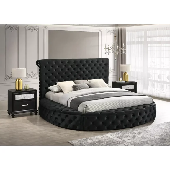 3pc Glam King Tufted Headboard Upholstered Storage Round Bed 2x Nightstand Set Black