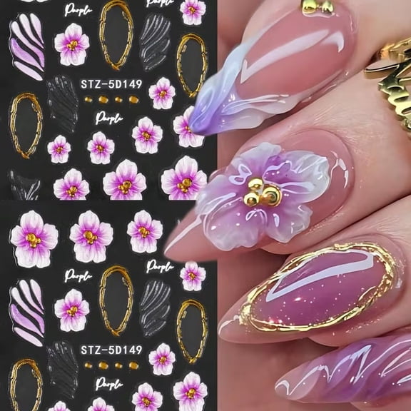 3pc Gradient Purple Flower Nail Stickers - Elegant Embossed Petal Self-Adhesive Nail Decals for Stunning Manicures