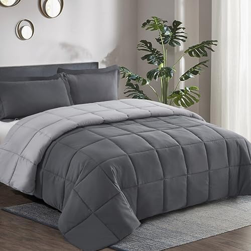 3pc Gray Full Size Comforter Set - All Season Reversible Down Alternative Comforter with Two Shams - Quilted Duvet Insert with Corner Tabs - Box Stitched Blanket - Breathable, Soft, Fluffy