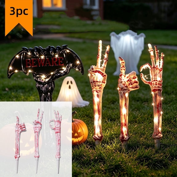 3pc Ground Insert Luminous Skull Hand Warns Sign For Halloween Spooky Lawns Decoration Props For Courtyard Layout white