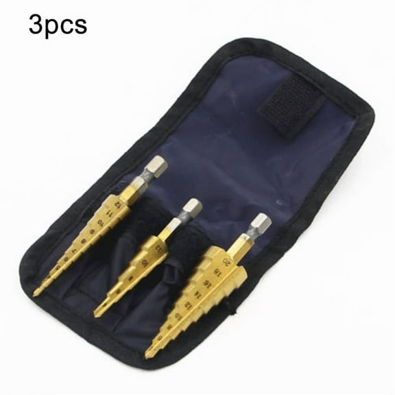 3pc HSS Step Drill Bit Set Titanium Hex Shank Multifunction Cone Hole Cutter Taper 4-20mm / 3-12mm / 4-12mm With Pouch