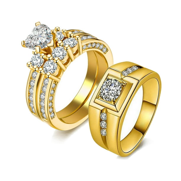 3pc His and Hers Wedding Ring Sets Couples Rings Yellow Gold Plated Heart Cz Titanium band