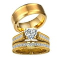 thumbnail image 1 of 3pc His and Hers Wedding Ring Sets Couples Rings Yellow Gold Plated White Cz Tungsten band, 1 of 6