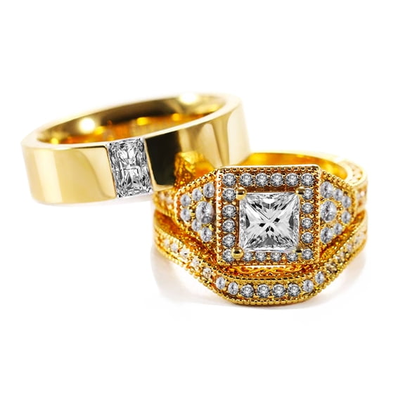 3pc His and Hers Wedding Ring Sets Couples Rings Yellow Gold Plated White Cz band