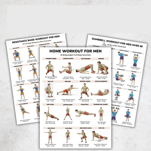 3pc Home Exercise Poster Set Poster, Men's Full Body Exercise Chart Set Poster, Dumbbell Resistance Belt Weight Exercise Poster