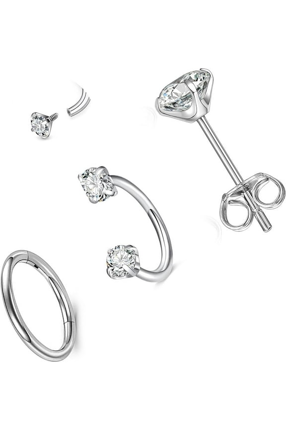 3pc Hypoallergenic 20G 8mm Horseshoe Nose Rings Stud Set G23 Titanium Surgical Steel Internally Threaded Silver Lip Rings for Women Men,Double Cubic Zirconia Lip Eyebrow Helix Ear Piercing Jewelry