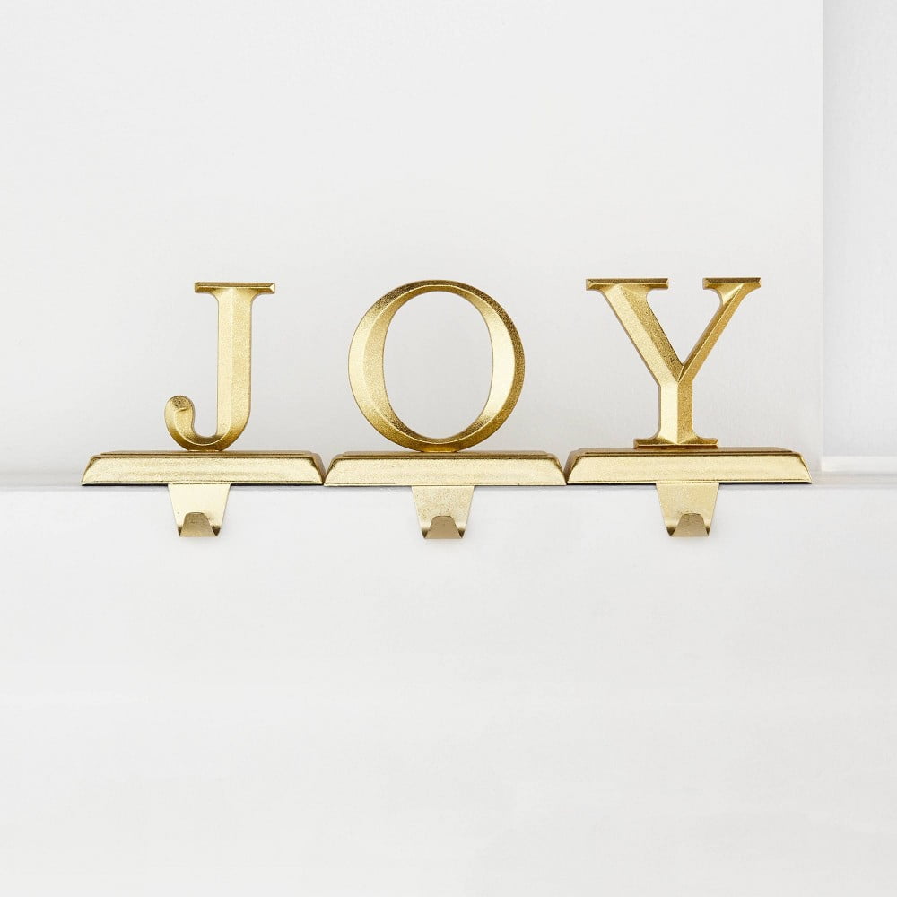 3pc JOY Christmas Stocking Holder Gold