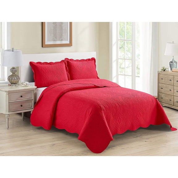 3pc King/Cal King Over Size Luxury Embossed Bedspread Set Light Weight Solid Red New