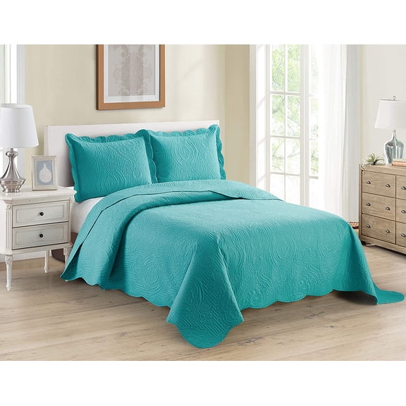 3pc King/Cal King Over Size Luxury Embossed Bedspread Set Light Weight Solid Turquoise New
