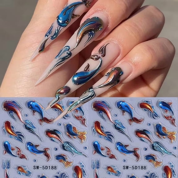 3pc Koi Fish Nail Art Stickers - Luxury Gradient Blue Watercolor Self-Adhesive Decals for Acrylic Nails