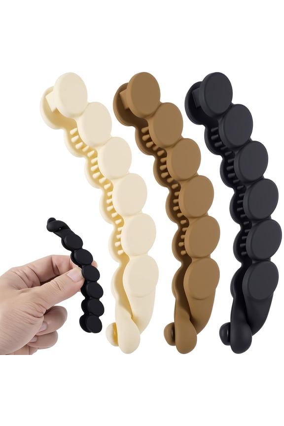 3pc Large Banana Hair Clips, 4.3" Non-Slip Double Comb Hair Claws for Thick Hair, Black/White/Coffee