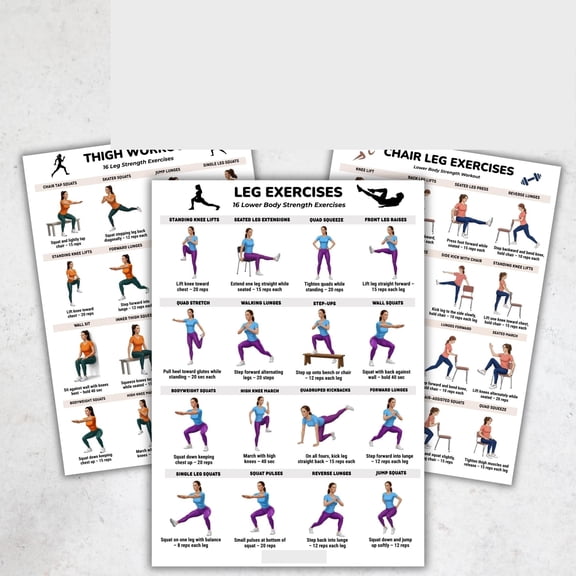 3pc Leg Exercise Poster Set Poster, Lower Body Exercise Chart Set Poster, Thigh And Chair Leg Exercises, Home Fitness Poster